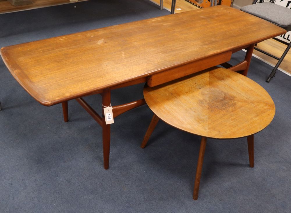 A Danish Mobler rectangular teak coffee table and a circular, rectangular table W.153cm, D.52cm, H.50cm